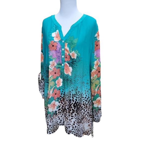 Soft Surroundings Teal Blue Green Printed Floral Top Roll Tab Sleeves Sz 1X - Picture 7 of 12